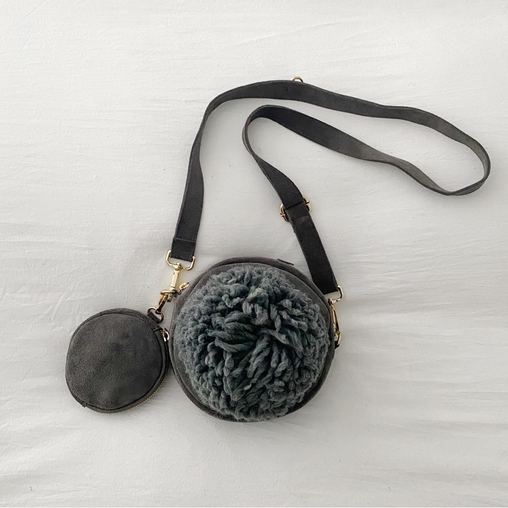 TSD12 Suede Leather Pompom Circle Crossbody Bag in Grey